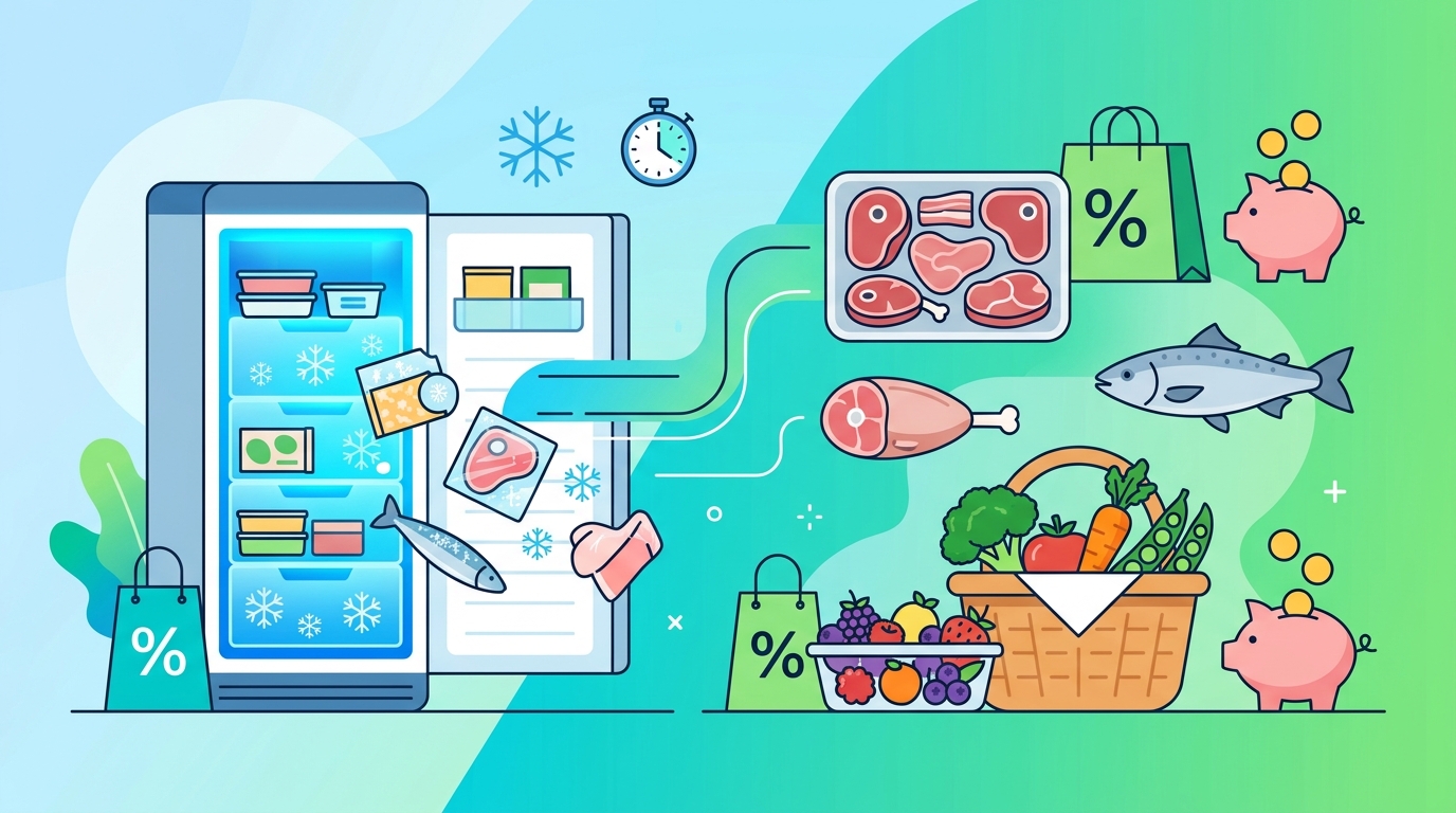 Fagyasztott élelmiszerek rendezett fagyasztóban